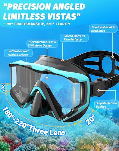 Greatever Snorkel Set Pano 3 Window Snorkel Mask Adult Panoramic Wide View AntiFog Scuba Diving Mask AntiLeak Snorkel Goggles Dry Top Snorkel Professional Snorkeling Gear for Adults - Image 3