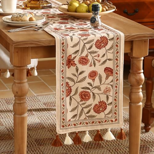 ISAENNE Designer Elegant Linen Table Runner 102 Inches Long,Vintage Orange Floral Pattern Table Runners for Dining Tables,Kitchen Decor,Thanksgiving,Christmas,Banquet,12"*102"-Alvarado A - Image 2