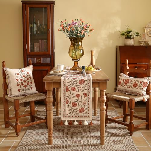 ISAENNE Designer Elegant Linen Table Runner 102 Inches Long,Vintage Orange Floral Pattern Table Runners for Dining Tables,Kitchen Decor,Thanksgiving,Christmas,Banquet,12"*102"-Alvarado A - Image 3