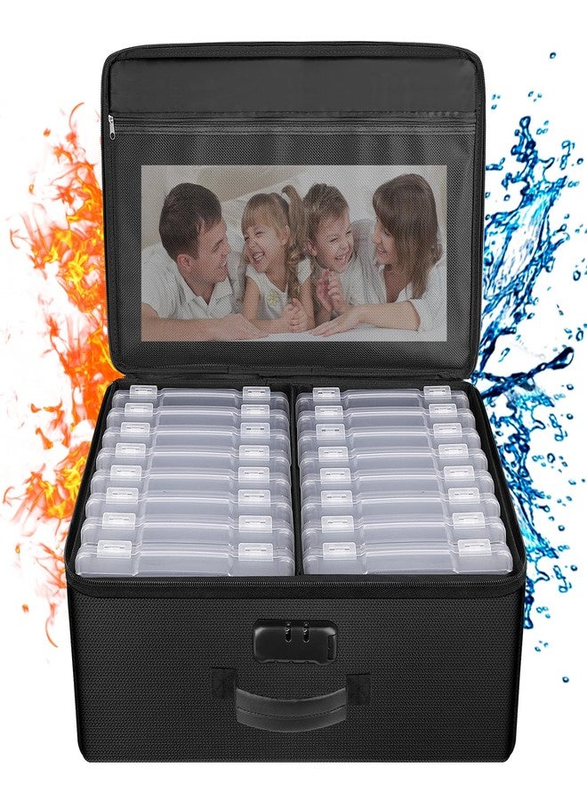 ENGPOW Fireproof Photo Storage Box 5" x 7" Photo Case(Clear),16 Inner Photo Keeper Organizer with Lock, Collapsible Portable Acid-Free Photo Storage Container with Handle for Picture, Valuables - Image 1