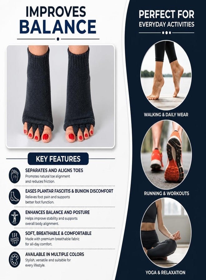 Vn care Foot Alignment Socks for Women & Men | Five Toe Separator | Foot Pain Relief | Bunion Corrector | Plantar Fasciitis | Improving Posture & Increasing Flexibility | Free Size (Black, 1 Pair) - Image 3