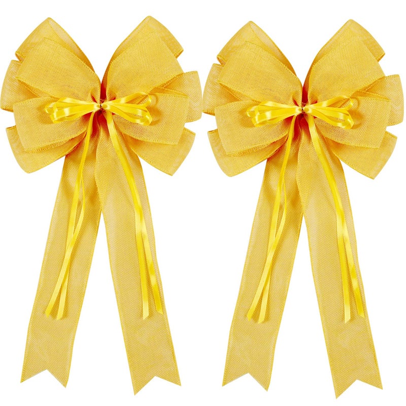 2 Pcs Large Yellow Easter Wreath Bow DecorSpring Summer Tree Topper Bow DecorationsDecorative Bow with Yellow Burlap and Glitter String for Holiday Home Front Door Outdoor