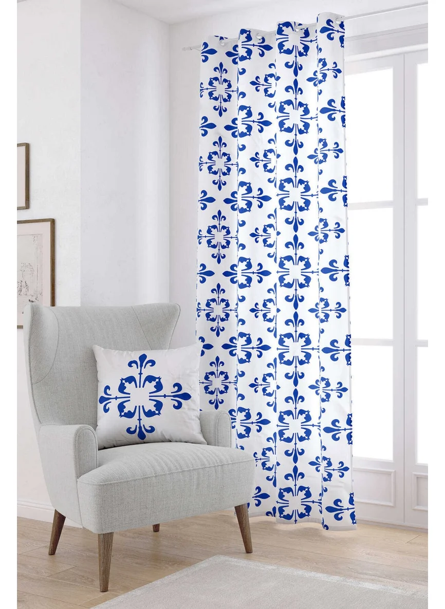 Cango Home White Blue Modern Ethnic Tile Patterned Digital Printed Curtain CGH567-PR