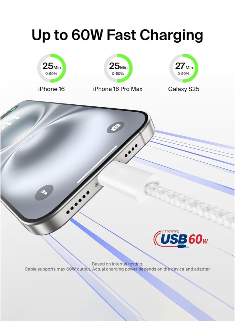 CAYGA 60W USB C to USB C Cable 1 M, Braided, Faster Charging Cord, Power Delivery PD Cable Type C, Compatible with iPhone 15/15 Pro/15 Plus/15 Pro Max,iPad Mini/Pro, MacBook Pro/Air, White - Image 2