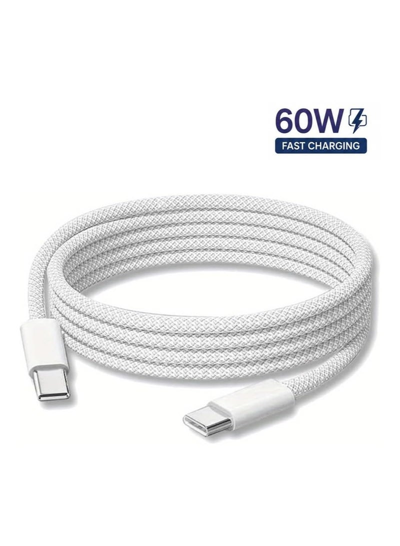 CAYGA 60W USB C to USB C Cable 1 M, Braided, Faster Charging Cord, Power Delivery PD Cable Type C, Compatible with iPhone 15/15 Pro/15 Plus/15 Pro Max,iPad Mini/Pro, MacBook Pro/Air, White - Image 1