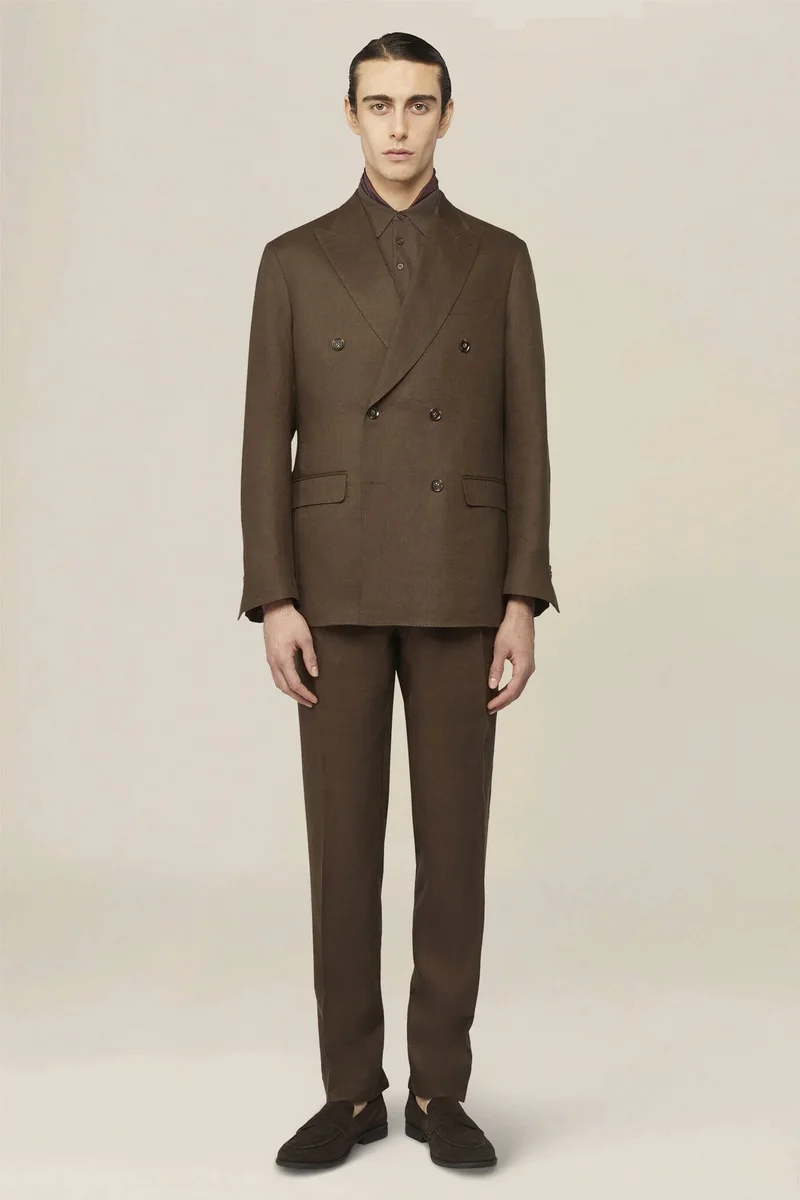 دوبل غانغر Men's double-breasted suit in 100% linen, regular fit - Brown