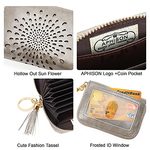 APHISON RFID Credit Card Holder Zipper Card Case Keychain Small Wallet for Women 1927 GRAY - Image 4