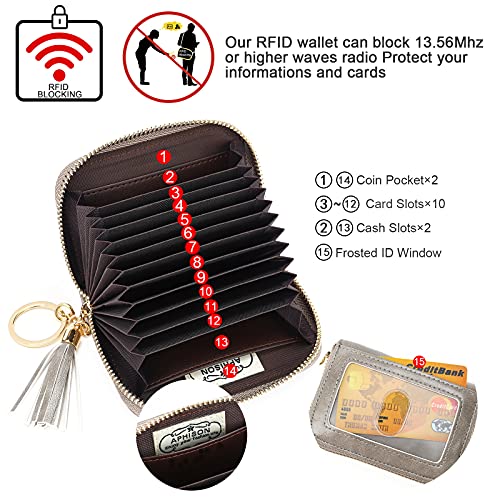 APHISON RFID Credit Card Holder Zipper Card Case Keychain Small Wallet for Women 1927 GRAY - Image 3