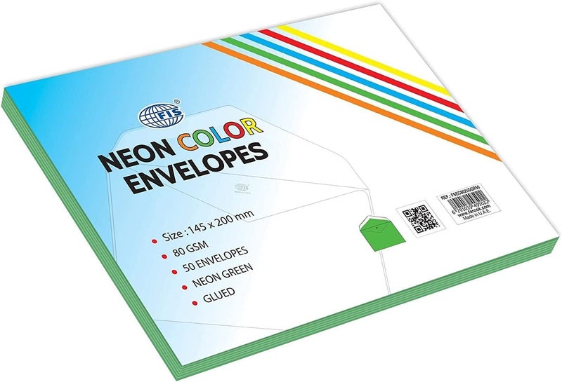 FIS Fsec8025Ggr50 80 Gsm Neon Glued Envelopes 50-Pack, 145 X 200 Mm Size, Green - Image 2