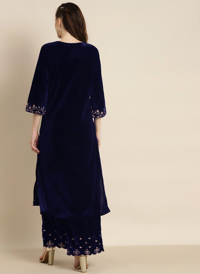 ساسافراس كُرتا نسائي مخمل مطرز بالزهور باللون الأزرق الداكن - Image 4