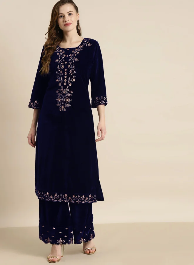 Navy Blue Floral Embroidered Velvet Kurta for Women