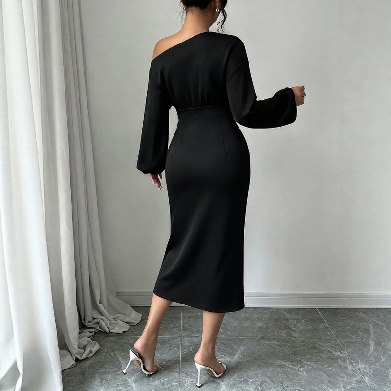 Elegant Off-Shoulder Long Sleeve Dress with Slit - Image 2