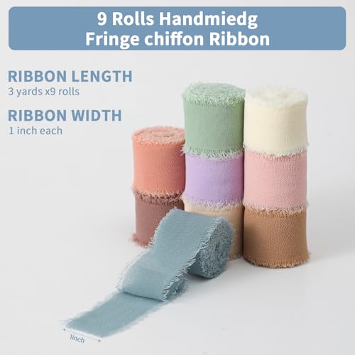 CRTWDMAN 1" x 27 Yd Chiffon Ribbon Mixed Color Ribbons Set 9 Rolls Handmade Fringe Fabric for Wedding Invitations Bridal Bouquets DIY Crafts Home Decor Bow Making(9 Rolls*3Yd) - Image 2