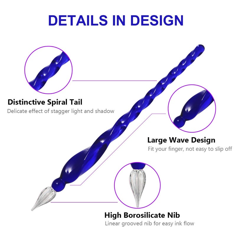 ESSSHOP Glass Pen Calligraphy Set - 3 Blue Crystal Dip Pens Color Ink and Pen Holder Art Supplies Kit for Signatures Beginners Journaling Lettering Drawing Holiday Gift Decoration - Image 3