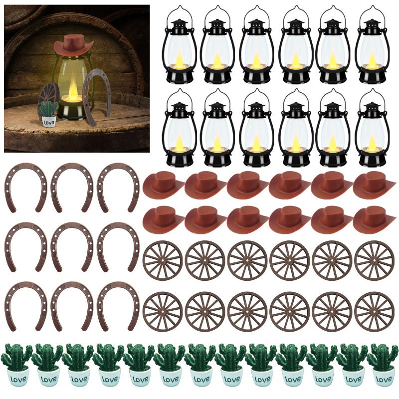 TUSAUW 61 Pcs Western Centerpieces for Tables, Cowboy Party Decoration, Mini Cowboy Hat Lantern Cow Carpet Horseshoe, Wagon Wheel Rodeo for Teens & Adults Western Wedding Birthday Vintage Decor - Image 1