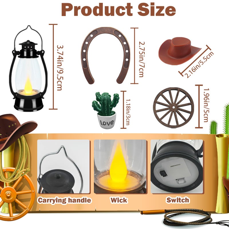 TUSAUW 61 Pcs Western Centerpieces for Tables, Cowboy Party Decoration, Mini Cowboy Hat Lantern Cow Carpet Horseshoe, Wagon Wheel Rodeo for Teens & Adults Western Wedding Birthday Vintage Decor - Image 2