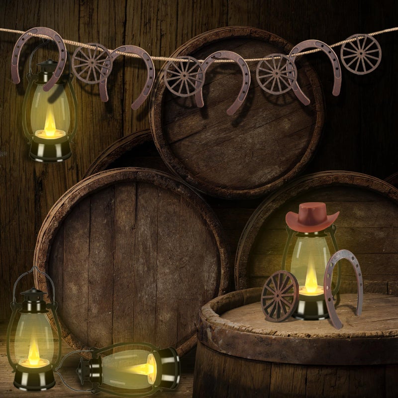 TUSAUW 61 Pcs Western Centerpieces for Tables, Cowboy Party Decoration, Mini Cowboy Hat Lantern Cow Carpet Horseshoe, Wagon Wheel Rodeo for Teens & Adults Western Wedding Birthday Vintage Decor - Image 5