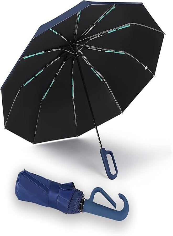 PRANIJ 3-Fold Compact Travel Golf Umbrella with Carabiner Handle | Auto Open-Close 10 Dual Rib Windproof Design | UV Protection Portable Umbrella for Rain/Sun for Car, Travel, Outdoor (Midnight Navy) - Image 1
