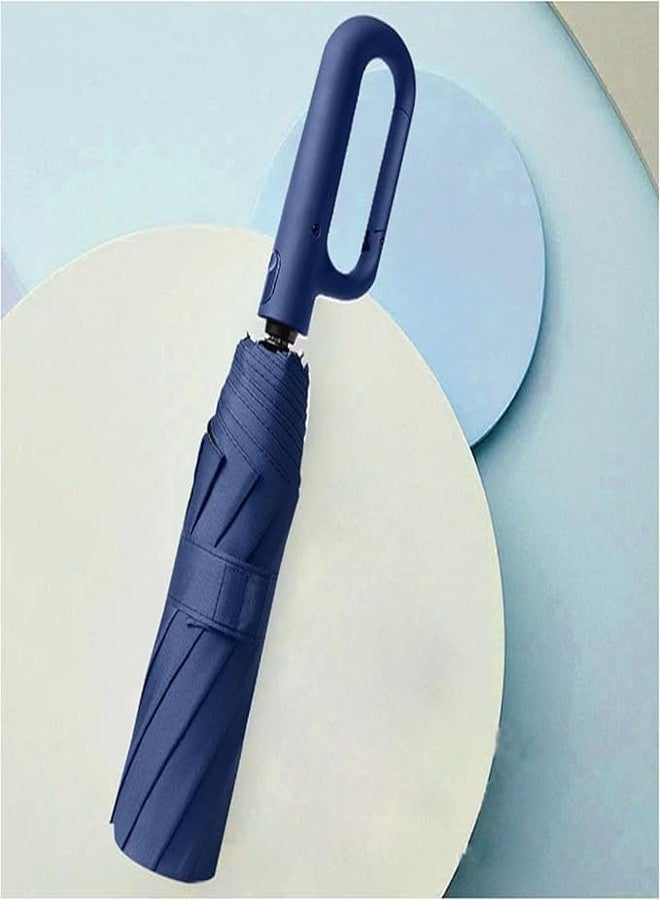 PRANIJ 3-Fold Compact Travel Golf Umbrella with Carabiner Handle | Auto Open-Close 10 Dual Rib Windproof Design | UV Protection Portable Umbrella for Rain/Sun for Car, Travel, Outdoor (Midnight Navy) - Image 2
