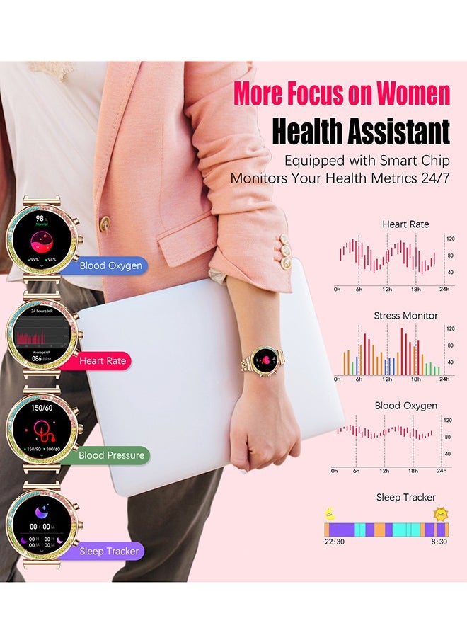 رولستيمي - ساعة ذكية تعمل بتقنية البلوتوث للنساء تعمل باللمس بملء الشاشة تدعم أوضاع رياضية متعددة لمراقبة معدل ضربات القلب وأوضاع اللغة عالمي لأنظمة أندرويد وآي أو إس آر تي آي 110 كل الذهب - Image 1