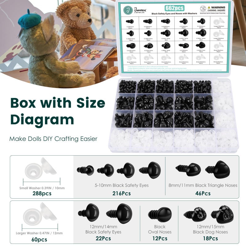 Junreox 662Pcs Safety Eyes and Noses for Amigurumi, Junreox Preimum 5-14mm Safety Eyes for Crochet Stuffed Animals, Assorted Plastic Crochet Craft Eyes with Washers for Teddy Bear, Dolls, Plushies Toys, Black - Image 5