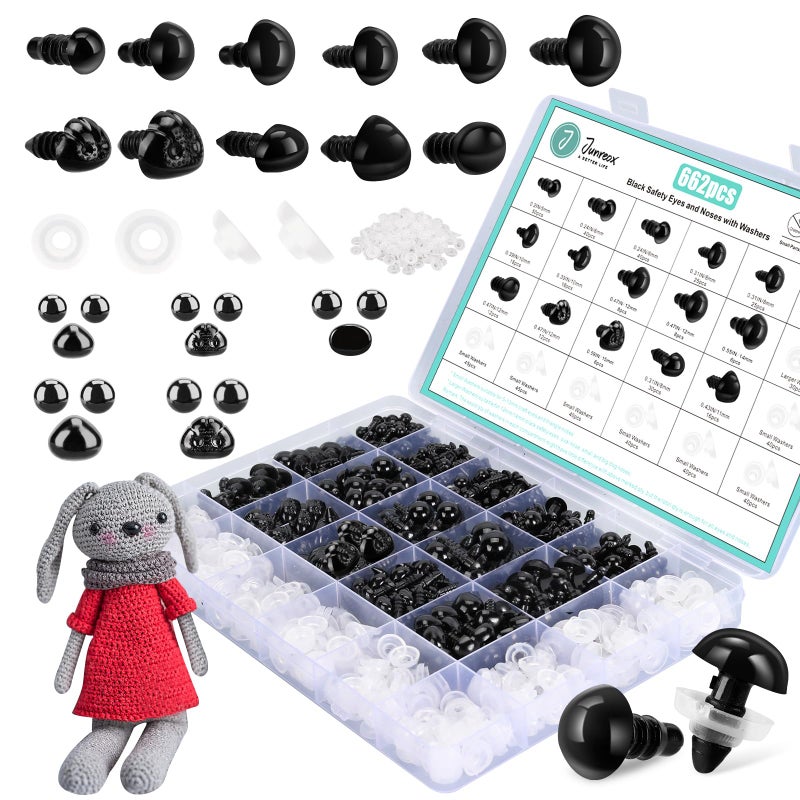 Junreox 662Pcs Safety Eyes and Noses for Amigurumi, Junreox Preimum 5-14mm Safety Eyes for Crochet Stuffed Animals, Assorted Plastic Crochet Craft Eyes with Washers for Teddy Bear, Dolls, Plushies Toys, Black - Image 1