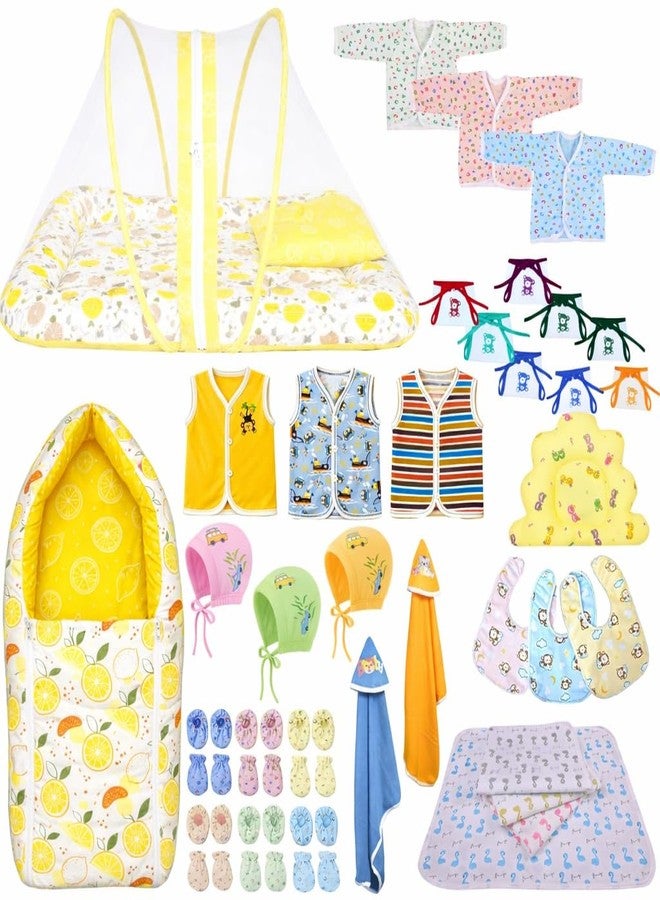Kwitchy Newborn Baby Essentials Kit 39 Items Combo for 0-6 Months with Baby Bed, Mosquito Net, Clothes, Bedding, Nappies, Caps, Mittens, Booties and Blankets (Yellow) - Image 1
