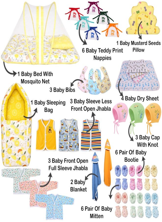 Kwitchy Newborn Baby Essentials Kit 39 Items Combo for 0-6 Months with Baby Bed, Mosquito Net, Clothes, Bedding, Nappies, Caps, Mittens, Booties and Blankets (Yellow) - Image 2