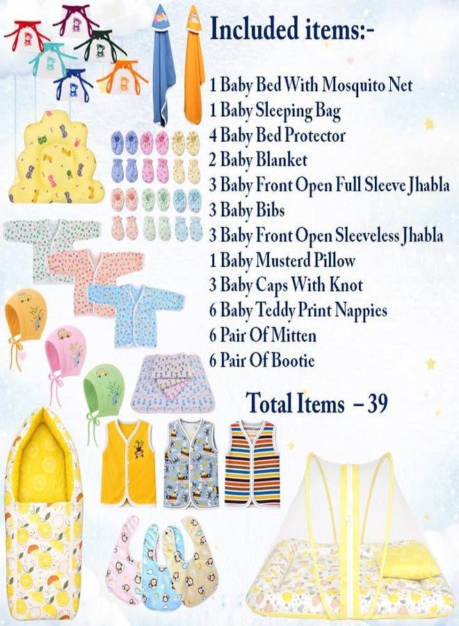 Kwitchy Newborn Baby Essentials Kit 39 Items Combo for 0-6 Months with Baby Bed, Mosquito Net, Clothes, Bedding, Nappies, Caps, Mittens, Booties and Blankets (Yellow) - Image 3