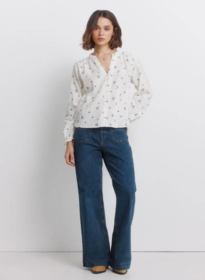Springfield  Long sleeve checked blouse with fringed cuffs, front buttons, open V-neck mandarin collar, and floral print. for Women | Best Price UAE