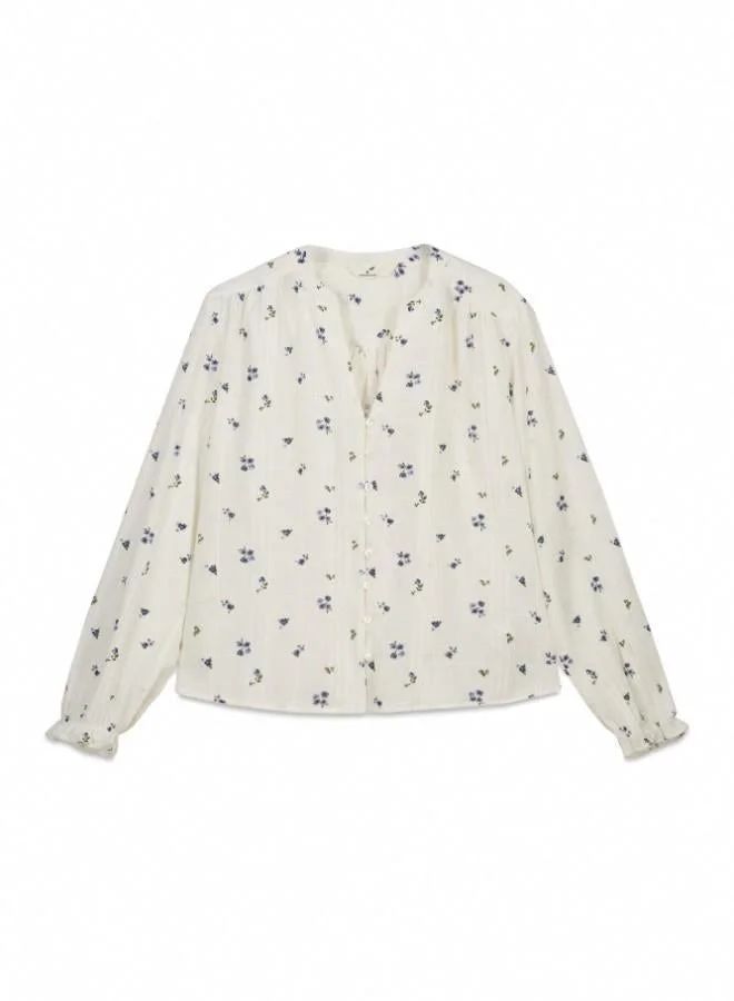 Springfield  Long sleeve checked blouse with fringed cuffs, front buttons, open V-neck mandarin collar, and floral print. for Women | Best Price UAE