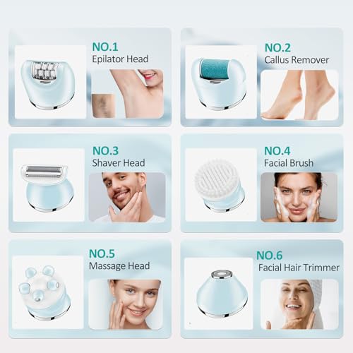 LIHOBI Epilator for Women, 6 in 1 Hair Removal Epilator, Shaver, Face Razor, Facial Brush, Face Massage and Body Exfoliator,IPX7 Waterproof Rechargeable Hair Removal for Women, 2 Speeds - Image 5