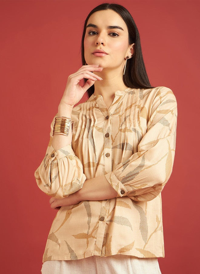 Baizee كل شيء عنك بلوزة قطنية عادية بأكمام منتفخة وطباعة زهور مع ياقة ماندارين - Image 1