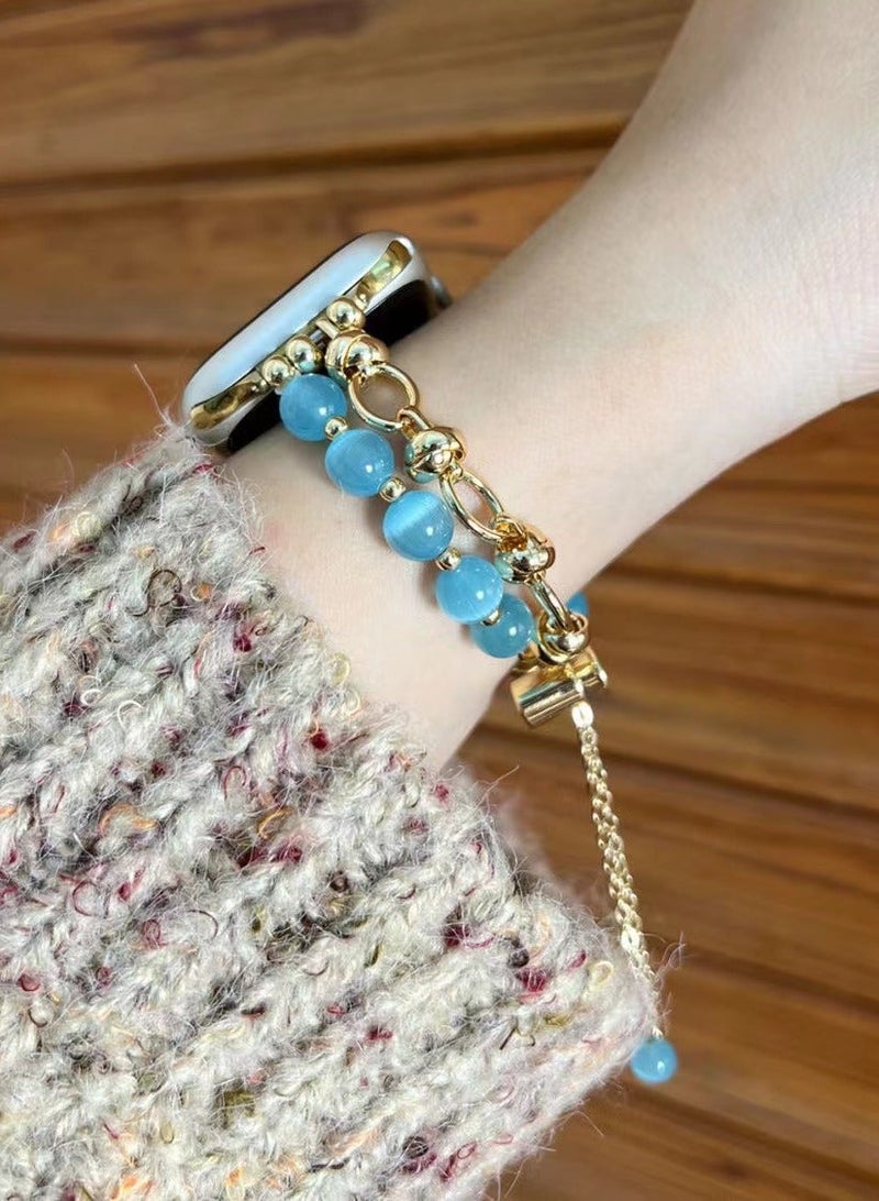 Jade Blue Crystal Beaded Watch Band AppleWatch Cat's Eye Bracelet Suitable Apple Watch Band 7/8/9E 42mm