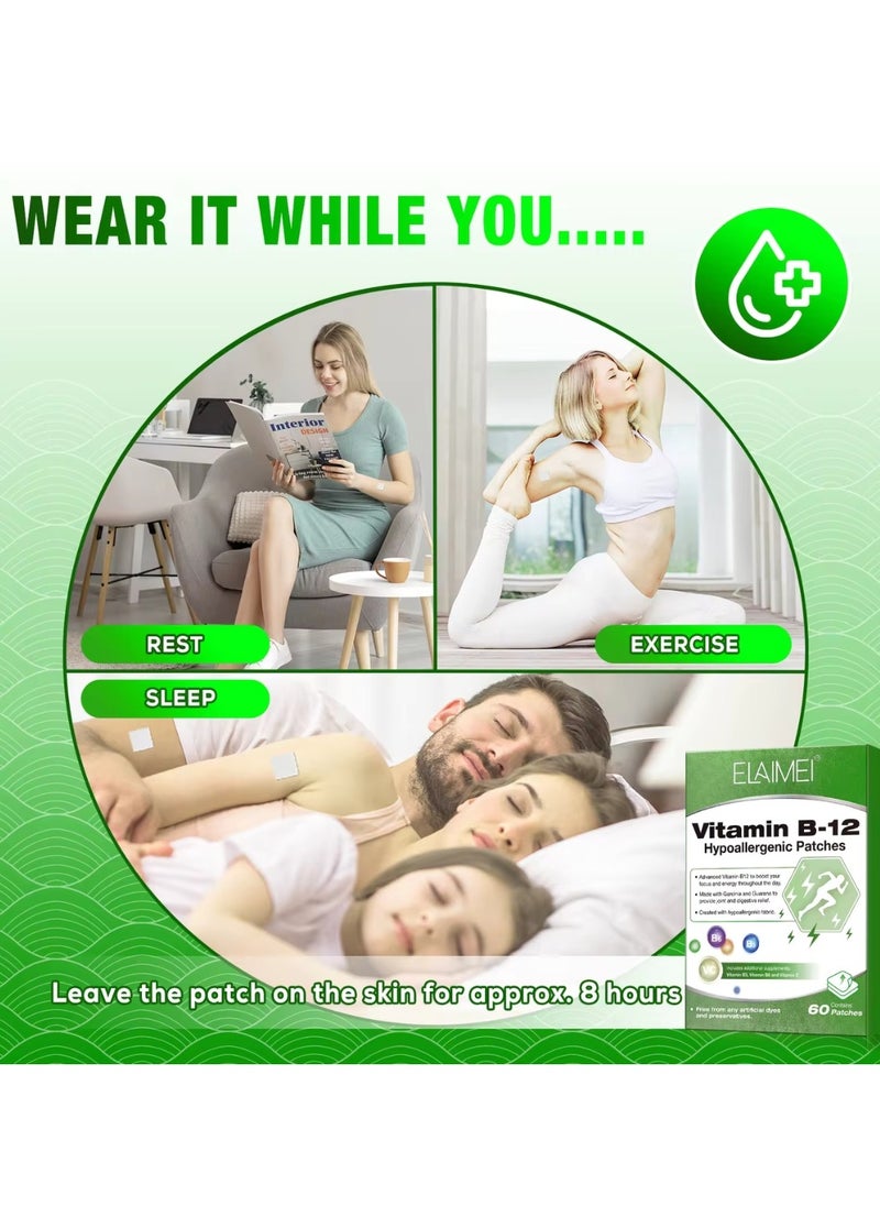 Elaimei - 60 pcs Vitamin B 12 Hypoallergenic Patches Advanced vitamin B12 Boost Your Focus and Energy Throughout the Day Joint and Digestive Relief Patches - Image 1