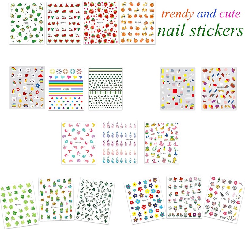 IHUKEIT 18 Sheets Nail Stickers for Women and Little Girls Nail Art Decoration - Self-Adhesive DIY Nail Decals Set Including Hearts Fruits Flowers Leaves Animals Rainbow Nail Art Stickers for Woman Kids - Image 2