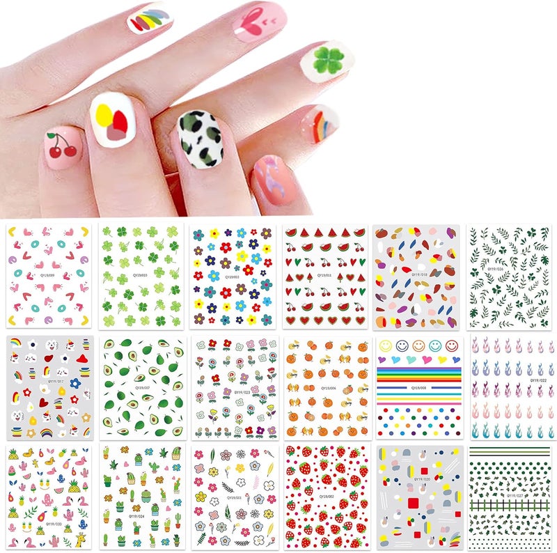 IHUKEIT 18 Sheets Nail Stickers for Women and Little Girls Nail Art Decoration - Self-Adhesive DIY Nail Decals Set Including Hearts Fruits Flowers Leaves Animals Rainbow Nail Art Stickers for Woman Kids - Image 1