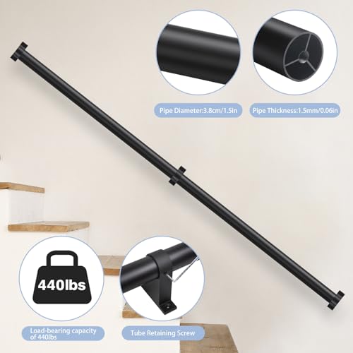 SDNBHT Industrial Stair Railing Metal Hand Rails for Indoor Stairs Wall Mount Staircase Handrails 1.5" Pipe Stair Handrail for Steps Black Aluminum Stairway Railing for Outdoor & Indoor Stairs 6.6ft - Image 2