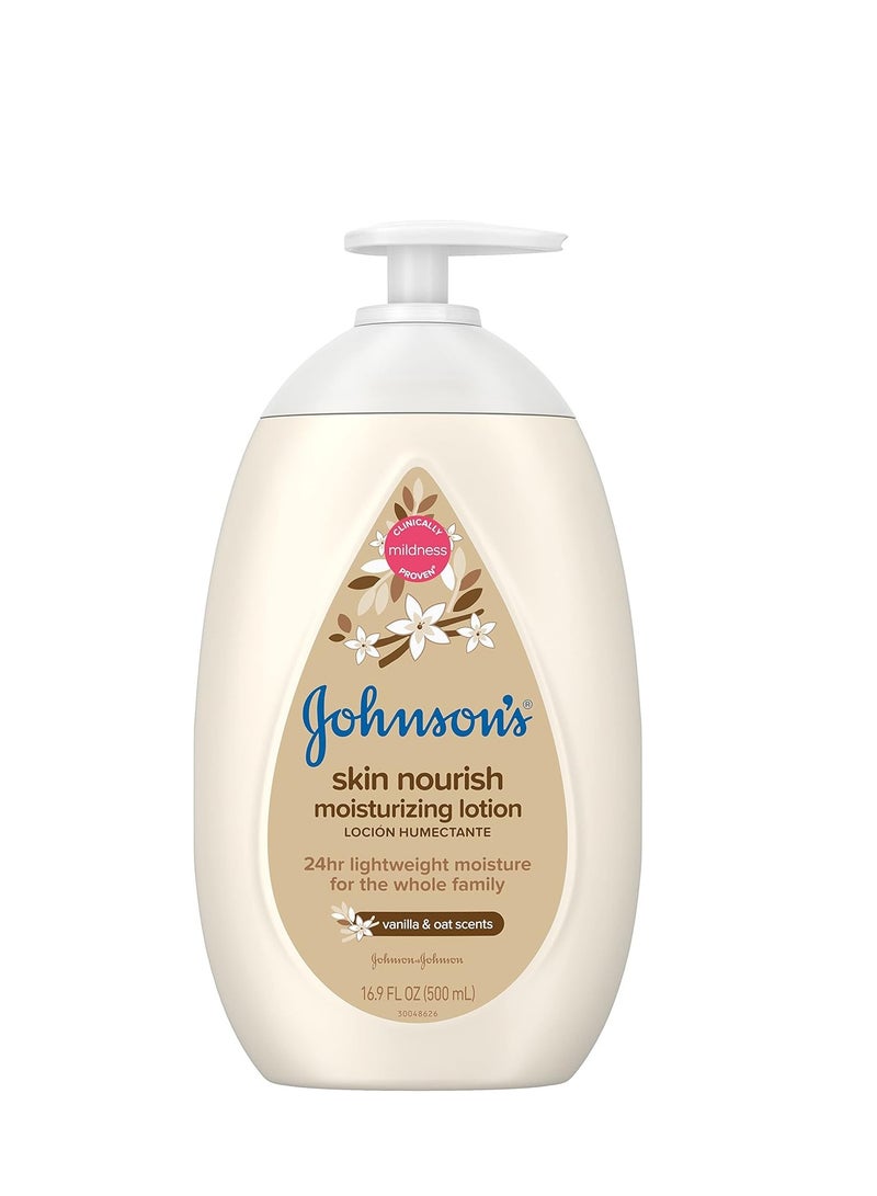 Johnson's Baby Skin Nourish Moisturizing Lotion, 16.9 fl. oz (Pack of 1) | Vanilla, Oat | Dry Skin | Body Lotion | The Whole Family - Image 1