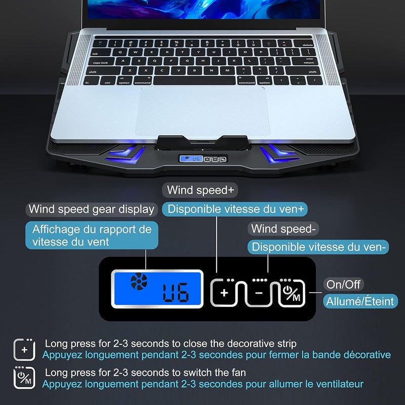TopMate C5 Laptop Cooling Pad Gaming Notebook Cooler, Laptop Fan Cooling Stand Adjustable Height with 5 Quiet Fans Blue LED Light, Computer Chill Mat with LCD Controller, for 10-15.6 Inch Laptops - Image 5