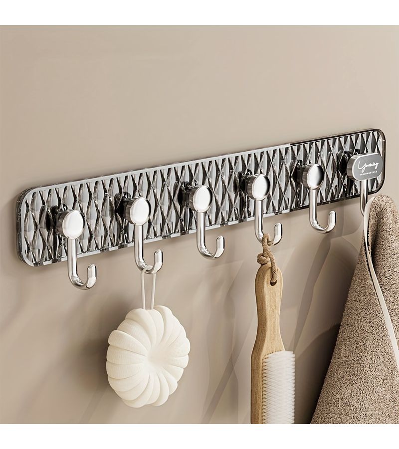 6 Row Self Adhesive Wall Hook Gray Nail Free Door Hanger For Kitchen Storage And Bathroom Towel Rack - Image 1