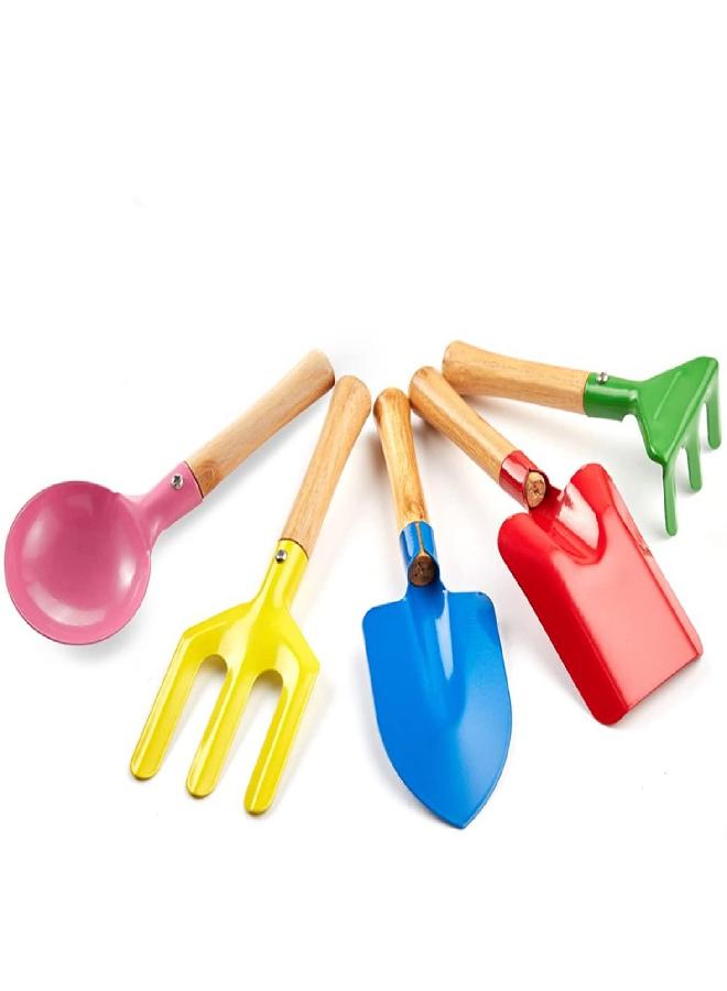 ldreamam 5 Piece 8" Kids Gardening Tools, Made of Metal with Sturdy Wooden Handle, Safe Beach Sandbox Toy Gardening Equipment Spoon, Fork, Trowel, Rake & Shovel for Children - Image 1