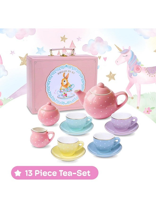 JewelKeeper Jewelkeeper 13 Piece Complete Toddler Porcelain Tea Party Set - Exquisite Tea Cup Set for Little Girls - Includes Sugar Bowl, Creamer, Saucers in a Carrying Case - Colorful Pastel Dots - Image 4