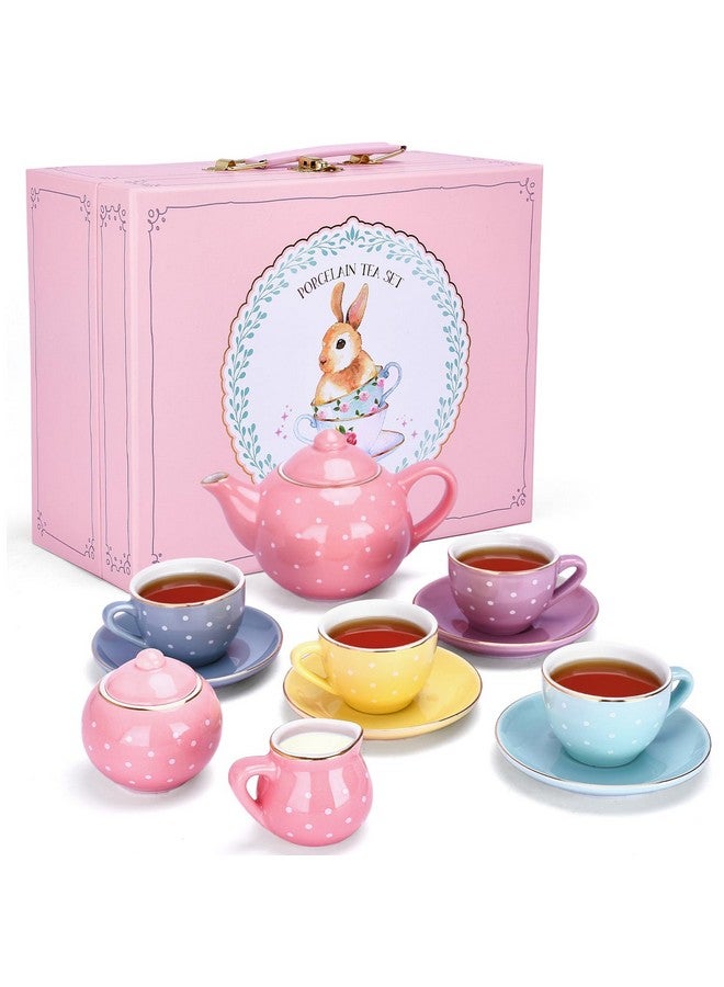 JewelKeeper Jewelkeeper 13 Piece Complete Toddler Porcelain Tea Party Set - Exquisite Tea Cup Set for Little Girls - Includes Sugar Bowl, Creamer, Saucers in a Carrying Case - Colorful Pastel Dots - Image 1