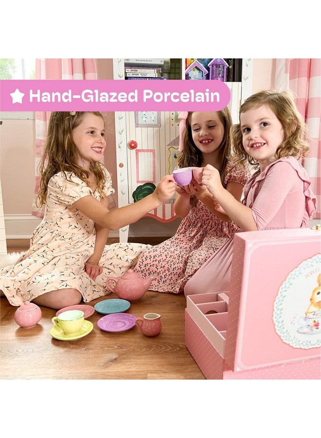 JewelKeeper Jewelkeeper 13 Piece Complete Toddler Porcelain Tea Party Set - Exquisite Tea Cup Set for Little Girls - Includes Sugar Bowl, Creamer, Saucers in a Carrying Case - Colorful Pastel Dots - Image 5