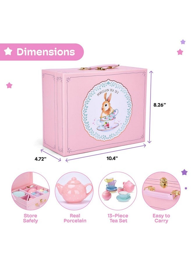 JewelKeeper Jewelkeeper 13 Piece Complete Toddler Porcelain Tea Party Set - Exquisite Tea Cup Set for Little Girls - Includes Sugar Bowl, Creamer, Saucers in a Carrying Case - Colorful Pastel Dots - Image 3