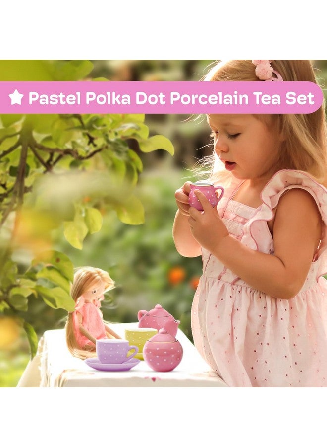 JewelKeeper Jewelkeeper 13 Piece Complete Toddler Porcelain Tea Party Set - Exquisite Tea Cup Set for Little Girls - Includes Sugar Bowl, Creamer, Saucers in a Carrying Case - Colorful Pastel Dots - Image 2