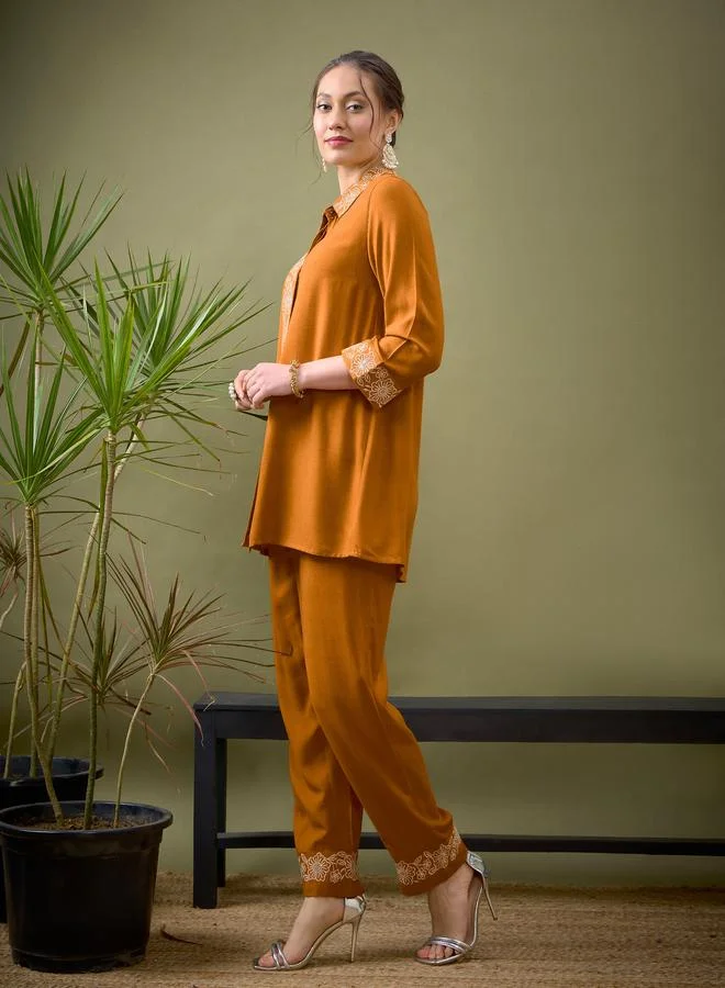 SASSAFRAS Embroidered Placket Shirt with Long Sleeves & Pants Co-Ord by Styli