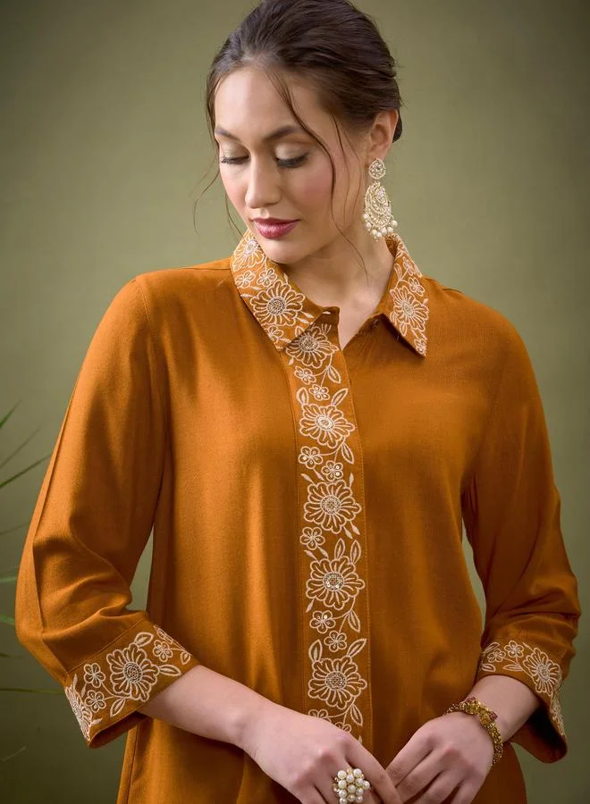 SASSAFRAS Embroidered Placket Shirt with Long Sleeves & Pants Co-Ord by Styli