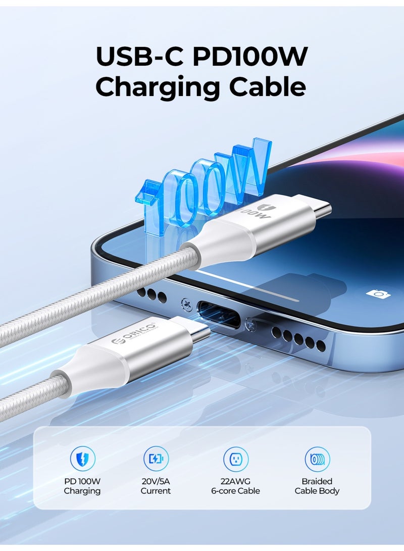 Orico 100W USB Type C Cable  Nylon precision woven cable body USB C to USB C 2.0 Cable (C to C) Compatible For iPhone 16 15 Pro Max iPad Pro Air mini 6 MacBook Pro Air Galaxy S24 S23 Ultra Z Fold Xiaomi Honor OPPO OnePlus 1M White - Image 2